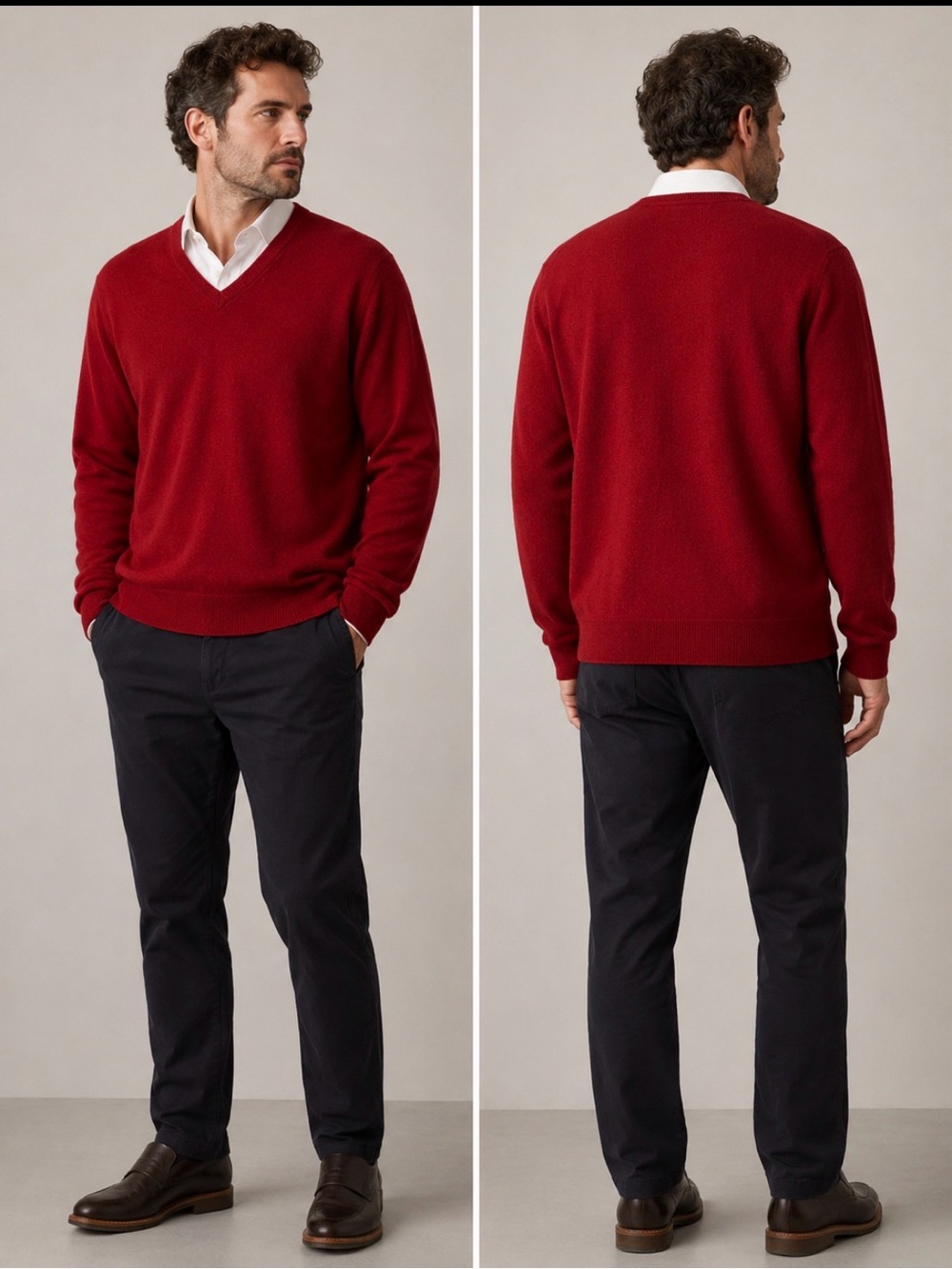Men's V-Neck Red Cashmere Sweater - Classic Pullover